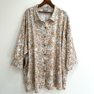 Catherine’s linen button front top 3/4 length sleeves tan blue leaf print 6X